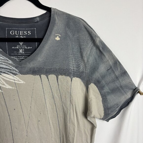 Guess XL Cotton Short Sleeve V Neck Graphic Abstract Paint Floral Tee T Shirt - Picture 3 of 13